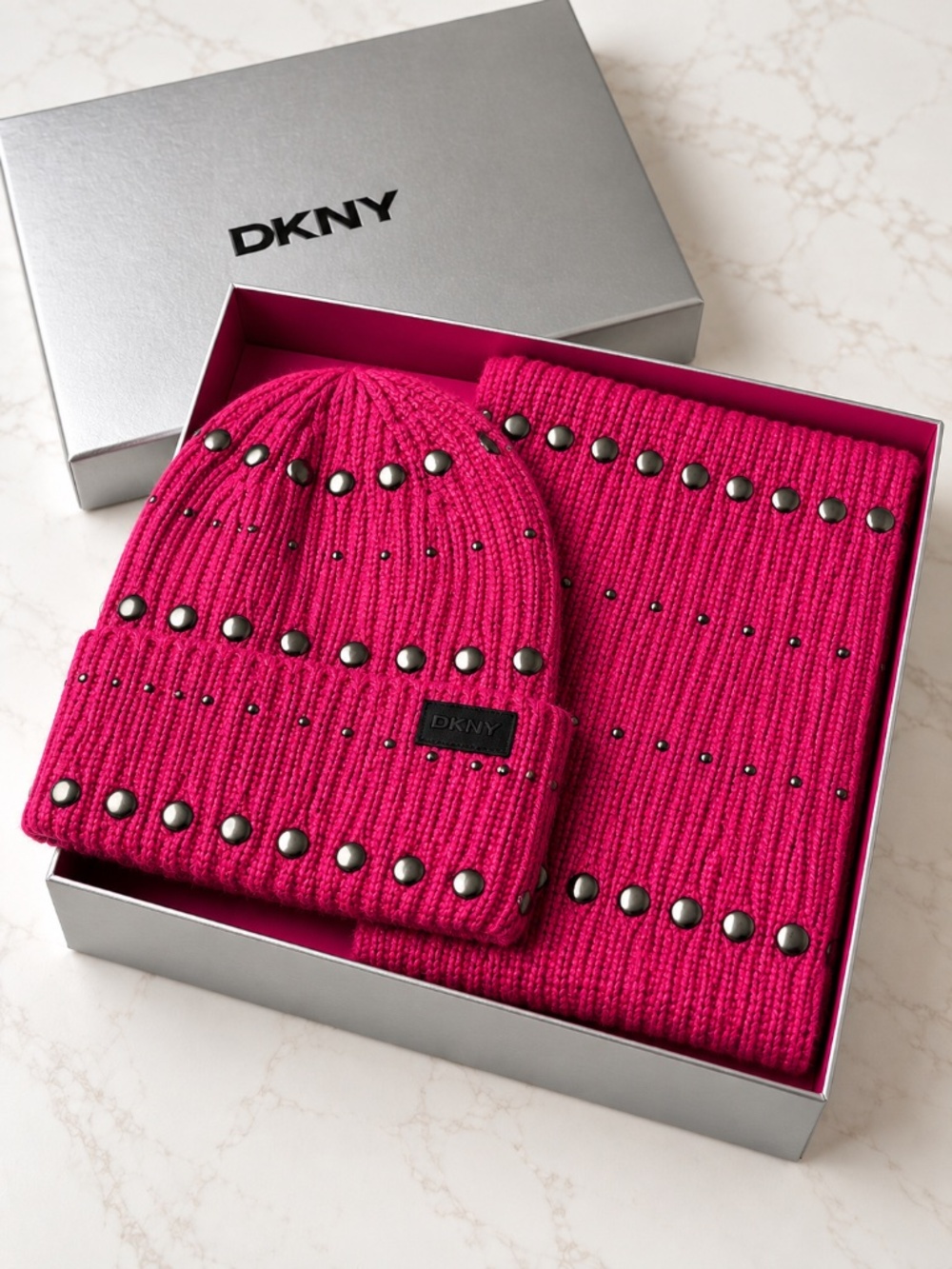 NWT DKNY Pink Studded Beanie Hat Scarf Gift Set Women's Winter Knit Boxed